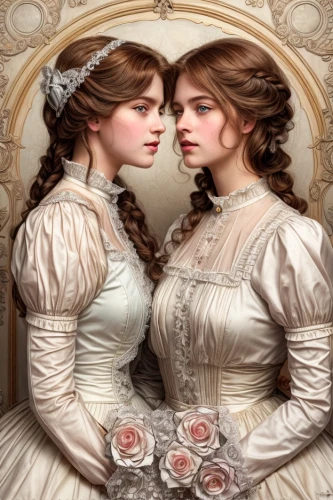 mirror image,wedding dresses,bridal clothing,victorian style,the victorian era,victorian lady,gothic portrait,doll looking in mirror,joint dolls,porcelain dolls,romantic portrait,women's novels,victorian fashion,debutante,mirror reflection,two girls,the mirror,mirror of souls,bridal accessory,bodice,Common,Common,Natural