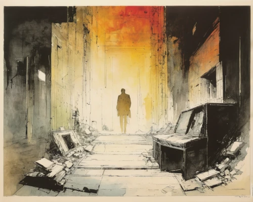 city in flames,pedestrian,a pedestrian,apparition,rust-orange,desolation,apocalyptic,concept art,transistor,refused,incidence of light,abandon,lostplace,sulphur,standing man,post-apocalypse,bystander,wanderer,post-apocalyptic landscape,desolate,Illustration,Paper based,Paper Based 12