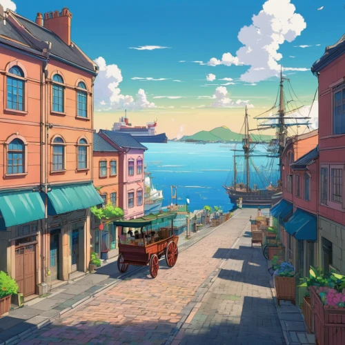 harbor,seaport,seaside country,docks,background vector,fishing village,waterfront,tokyo disneysea,seaside resort,wharf,cartoon video game background,backgrounds,french digital background,boat harbor,background images,the waterfront,studio ghibli,watercolor shops,docked,old port,Illustration,Japanese style,Japanese Style 03