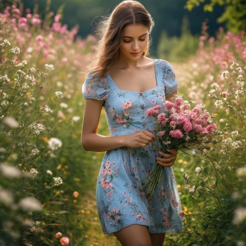 beautiful girl with flowers,girl in flowers,floral dress,girl picking flowers,vintage floral,holding flowers,picking flowers,vintage flowers,floral heart,floral background,with a bouquet of flowers,country dress,girl in the garden,meadow flowers,summer flowers,romantic look,floral,splendor of flowers,colorful floral,field of flowers,Photography,General,Natural