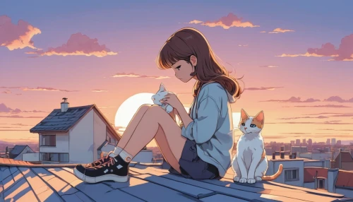 rooftops,on the roof,rooftop,summer evening,summer sky,daydream,roof landscape,roof top,dream world,daybreak,evening atmosphere,in the evening,studio ghibli,paper boat,atmosphere,roofs,summer day,dream,dreaming,yellow sky,Illustration,Japanese style,Japanese Style 07