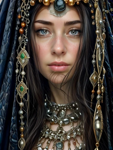 priestess,ancient egyptian girl,mystical portrait of a girl,headdress,adornments,the enchantress,warrior woman,gypsy soul,arabian,indian headdress,shaman,sorceress,cleopatra,fantasy portrait,headpiece,bohemian,jeweled,fantasy art,jewellery,boho art