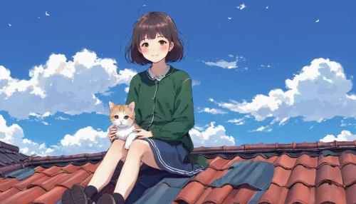 on the roof,roof landscape,yui hirasawa k-on,girl with dog,sky,blue sky,roof,autumn sky,rooftops,summer sky,dog and cat,rooftop,roofs,clear sky,clouds - sky,cloudy sky,covered sky,boy and dog,roof top,studio ghibli,Illustration,Japanese style,Japanese Style 12