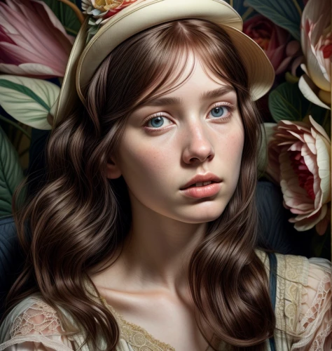 portrait of a girl,girl wearing hat,girl portrait,lilian gish - female,fantasy portrait,girl in flowers,mystical portrait of a girl,child portrait,romantic portrait,young girl,retouching,portrait background,flora,girl in the garden,clementine,beautiful bonnet,young woman,digital painting,girl in a wreath,eglantine