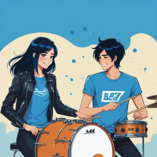 music band,sakana,drum club,drumming,jazz drum,musicians,drum brighter,2d,two-point-ladybug,drummer,bongos,rock band,drum set,drums,blue background,band,drum,music instruments,yuzu,drummers,Illustration,Japanese style,Japanese Style 06