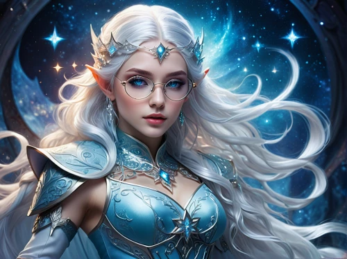 fantasy portrait,ice queen,the snow queen,elsa,fantasy art,blue enchantress,fantasy picture,fantasy woman,white rose snow queen,elven,zodiac sign libra,ice princess,winterblueher,aurora,queen of the night,fantasia,fairy tale character,sorceress,suit of the snow maiden,male elf,Illustration,Realistic Fantasy,Realistic Fantasy 15