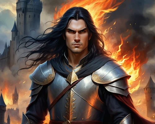 vax figure,heroic fantasy,thorin,fantasy art,fantasy portrait,flame spirit,fire background,male elf,pillar of fire,smouldering torches,lokportrait,male character,daemon,alaunt,massively multiplayer online role-playing game,fire master,cg artwork,world digital painting,krad,god of thunder,Illustration,Realistic Fantasy,Realistic Fantasy 01