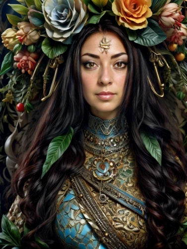 fantasy portrait,miss circassian,fantasy art,girl in a wreath,jaya,celtic queen,elven flower,novruz,persian,beautiful girl with flowers,fantasy woman,russian folk style,eurasian,wreath of flowers,the enchantress,assyrian,rose png,iranian nowruz,floral wreath,fantasy picture