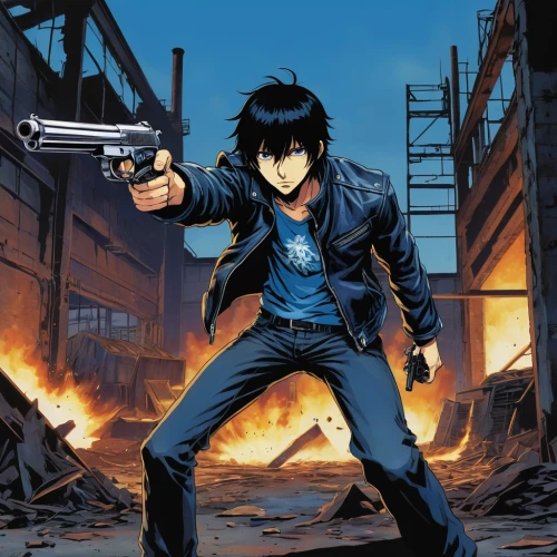 yukio,anime cartoon,revolver,detective conan,screw gun,holding a gun,anime 3d,colt,gun,bullet,pointing gun,action film,anime manga,handgun,action hero,shooter game,2d,anime,blue-collar worker,gunshot,Illustration,Japanese style,Japanese Style 12