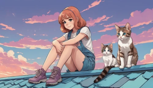 hinata,cat mom,kat,calico cat,on the roof,cat child,rescue alley,studio ghibli,stray cat,calico,citrus,pet,ritriver and the cat,anime 3d,would a background,girl sitting,red tabby,mow,anime cartoon,mikuru asahina,Illustration,Japanese style,Japanese Style 07