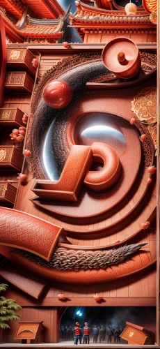 roof tiles,terracotta tiles,roof tile,terracotta,clay tile,red earth,radiator springs racers,mandelbulb,fractals art,red sand,labyrinth,cinema 4d,winding steps,winding staircase,spiral background,formwork,iron ore,3d fantasy,digital compositing,spiral book
