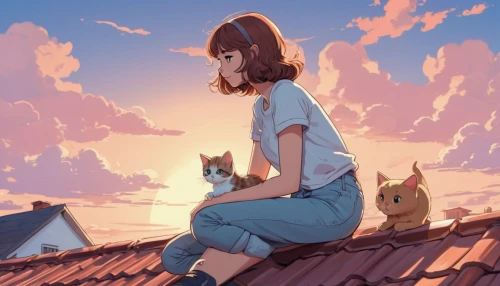 studio ghibli,rooftops,roofs,cat mom,on the roof,girl with dog,rooftop,roof landscape,summer sky,stray cat,cat family,summer evening,cats on brick wall,cat's cafe,cat lovers,strays,travelers,yellow sky,pastel colors,stray,Illustration,Japanese style,Japanese Style 07