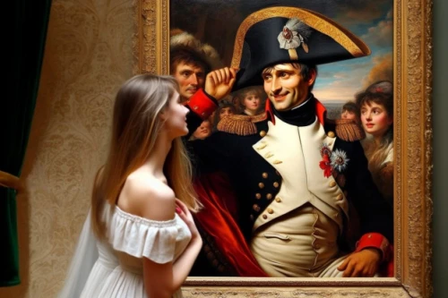 the girl's face,napoleon bonaparte,napoleon,romantic portrait,girl in a historic way,admired,courtship,popular art,bougereau,young couple,art painting,reenactment,paintings,distracted,droste effect,uncle sam,paint a picture,engagement,photo painting,holding a frame
