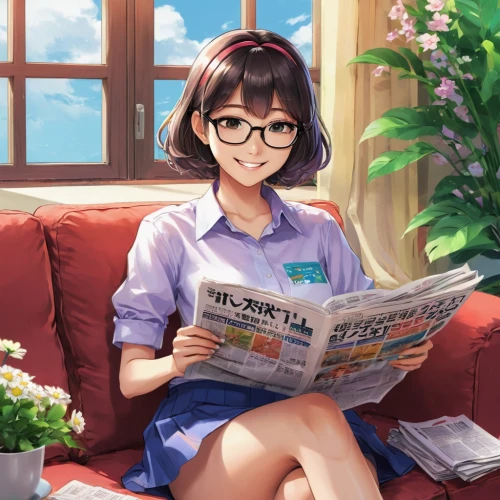 reading the newspaper,newspaper reading,reading glasses,relaxing reading,reading,girl studying,honmei choco,librarian,with glasses,himuto,bookworm,mikuru asahina,tutor,kotobukiya,holding flowers,newscaster,newspaper delivery,newspapers,japanese idol,read a book,Illustration,Japanese style,Japanese Style 03