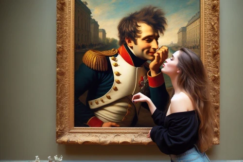 romantic portrait,art dealer,art gallery,italian painter,popular art,art world,fine art,vintage art,art painting,napoleon iii style,artistic portrait,art museum,girl in a historic way,photo painting,distracted,young couple,mozart,woman playing,boy kisses girl,the girl's face