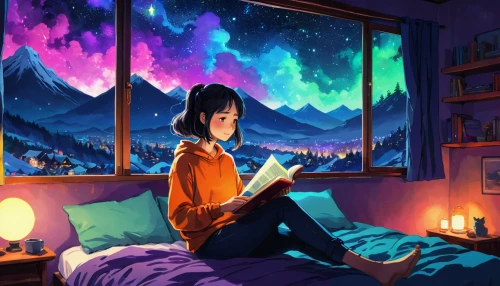 girl studying,sci fiction illustration,relaxing reading,reading,writing-book,read a book,astronomer,stargazing,falling stars,colorful stars,starry sky,night stars,fantasy picture,dream world,book cover,music background,falling star,romantic night,starlight,little girl reading,Illustration,Japanese style,Japanese Style 05