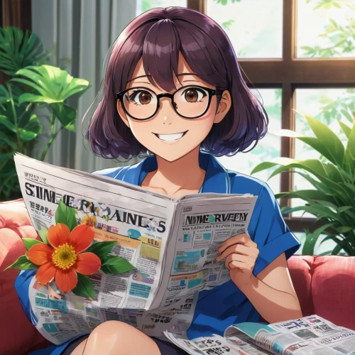 reading the newspaper,newspaper reading,relaxing reading,reading glasses,newspapers,with glasses,honmei choco,reading,holding flowers,blonde sits and reads the newspaper,people reading newspaper,girl studying,newspaper delivery,euphonium,read newspaper,newscaster,evening paper,fine flowers,newspaper,himuto,Illustration,Japanese style,Japanese Style 03