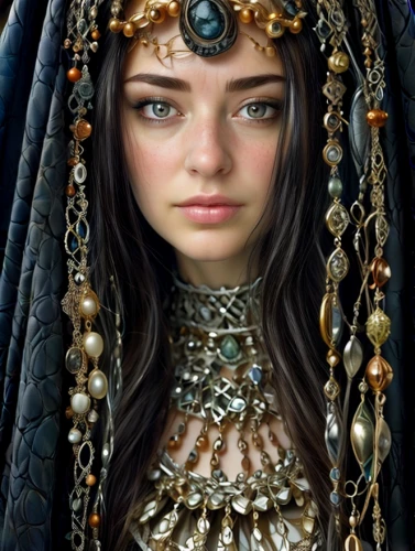 priestess,arabian,fantasy portrait,the enchantress,mystical portrait of a girl,celtic queen,headdress,fantasy art,warrior woman,sorceress,ancient egyptian girl,miss circassian,thracian,female warrior,indian headdress,adornments,elven,jeweled,shaman,shamanic