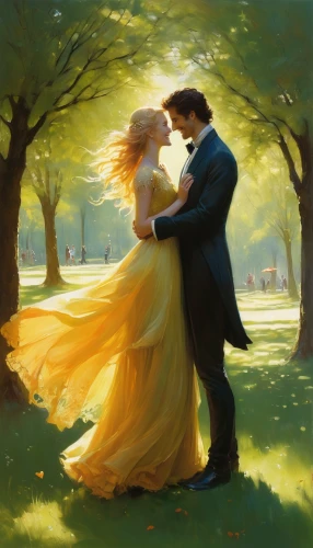 romantic portrait,ballroom dance,dancing couple,romantic scene,waltz,love in the mist,argentinian tango,golden weddings,wedding couple,latin dance,wedding invitation,young couple,world digital painting,fairytale,amorous,idyll,yellow rose background,serenade,fantasy picture,wedding photo,Illustration,Realistic Fantasy,Realistic Fantasy 16