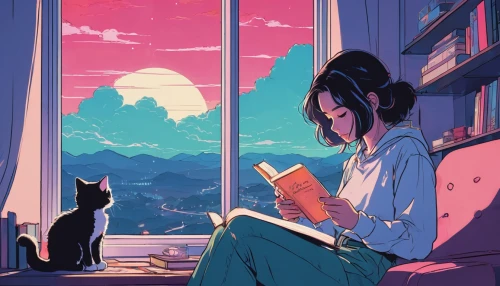 reading,girl studying,shirakami-sanchi,relaxing reading,summer evening,evening atmosphere,read a book,readers,dream world,study,novels,bookworm,studio ghibli,dream,tranquil,windowsill,in the evening,ritriver and the cat,cat lovers,novel,Illustration,Japanese style,Japanese Style 06