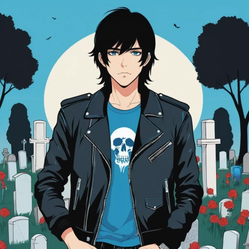 anime cartoon,anime japanese clothing,denim background,yukio,edit icon,cemetary,graves,vanitas,vector art,anime boy,vector illustration,shinigami,jeans background,jean jacket,vector graphic,shouta,denim jacket,grim reaper,afterlife,undead,Illustration,Japanese style,Japanese Style 06