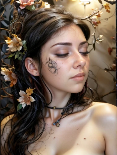 girl in flowers,floral garland,the sleeping rose,faerie,flower garland,beautiful girl with flowers,floral wreath,feather jewelry,flower fairy,elven flower,fae,girl lying on the grass,fallen petals,girl in a wreath,fantasy portrait,faery,sleeping rose,autumn leaves,falling flowers,fallen leaves