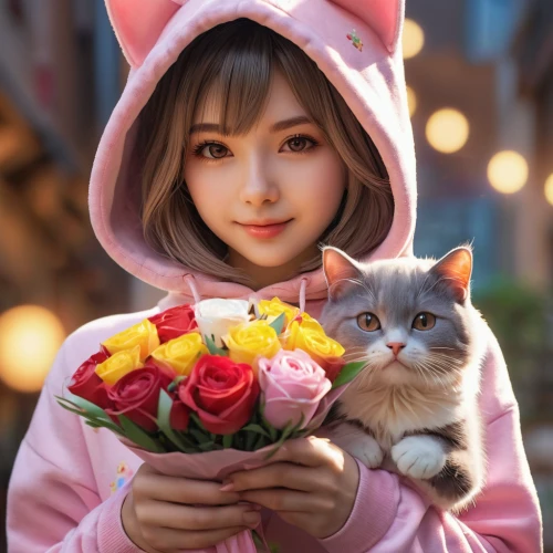 holding flowers,beautiful girl with flowers,flower cat,cute cat,flower delivery,pink cat,with a bouquet of flowers,flower animal,blossom kitten,girl in flowers,romantic portrait,cat kawaii,cat lovers,flower bouquet,with roses,cat image,chartreux,picking flowers,pink flowers,bouquet of flowers,Photography,General,Natural