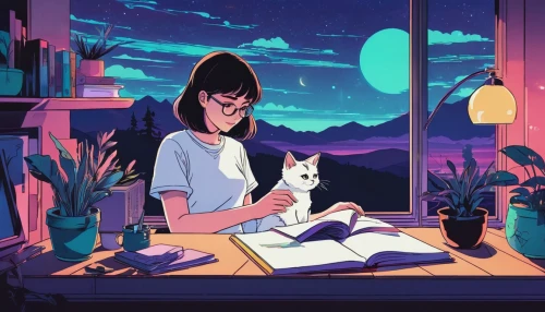 girl studying,writing-book,reading,writer,bookworm,sci fiction illustration,author,scholar,ritriver and the cat,animator,read a book,night administrator,studio ghibli,cat mom,astronomer,girl at the computer,writers,reading magnifying glass,librarian,learn to write,Illustration,Japanese style,Japanese Style 06