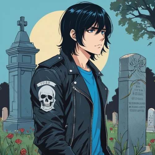 graves,cemetary,jean jacket,vanitas,denim jacket,yukio,jacket,howl,necropolis,magnolia cemetery,cemetery,denim background,memento mori,graveyard,grim reaper,days of the dead,hollywood cemetery,headstone,shinigami,tombstones,Illustration,Japanese style,Japanese Style 06