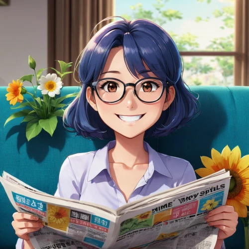 reading the newspaper,newspaper reading,holding flowers,reading glasses,himuto,with glasses,newspapers,marguerite,newscaster,sonoda love live,flower bouquet,blonde sits and reads the newspaper,blue daisies,reading,fine flowers,relaxing reading,mari makinami,glasses,summer flower,fuki,Illustration,Japanese style,Japanese Style 03