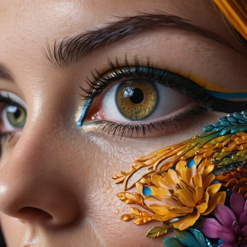 peacock eye,body painting,bodypainting,women's eyes,eyes makeup,retouching,retouch,body art,bodypaint,painted lady,face paint,the carnival of venice,peacock,face painting,hand painting,fairy peacock,make-up,flower painting,meticulous painting,airbrushed,Illustration,Abstract Fantasy,Abstract Fantasy 04