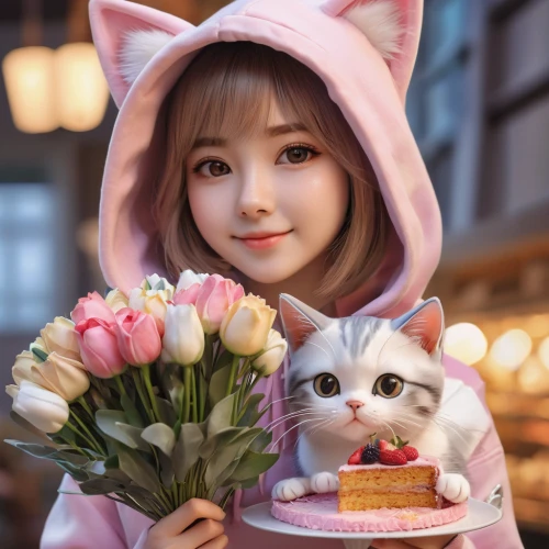 cute cat,doll cat,flower cat,pink cat,cocoa,holding flowers,blossom kitten,cat kawaii,tea party cat,beautiful girl with flowers,sakura,cat's cafe,with a bouquet of flowers,kawaii panda,sujeonggwa,scottish fold,phuquy,cat,kitten,flower delivery,Photography,General,Natural