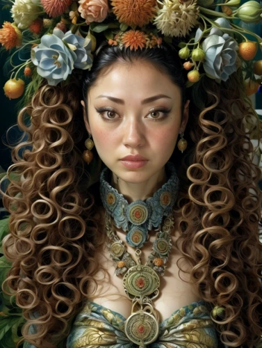 girl in a wreath,fantasy portrait,wreath of flowers,laurel wreath,inner mongolian beauty,artificial hair integrations,floral wreath,elven flower,the enchantress,eurasian,rose wreath,hula,golden wreath,polynesian girl,fractals art,dryad,flora,oriental princess,asian woman,faery