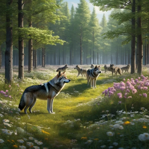 wolves,forest background,forest glade,forest animals,meadow and forest,hunting scene,canis lupus,woodland animals,fantasy picture,hunting dogs,forest landscape,canis lupus tundrarum,european wolf,springtime background,cartoon forest,meadow in pastel,elven forest,forest of dreams,animals hunting,fantasy landscape,Photography,General,Natural
