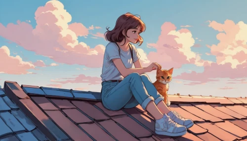 roof landscape,on the roof,rooftops,roofs,studio ghibli,rooftop,girl with dog,summer sky,stray cat,roof,girl sitting,roof top,house roofs,ritriver and the cat,chimney,cat's cafe,summer evening,cat mom,housetop,house roof,Illustration,Japanese style,Japanese Style 07