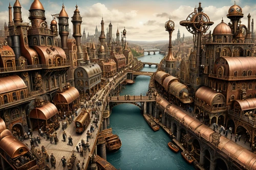 fantasy city,steampunk,3d fantasy,fantasy art,fantasy world,stilt houses,sea fantasy,fantasy picture,city cities,floating huts,the carnival of venice,caravel,fantasy landscape,airships,ancient city,waterglobe,city moat,sci fiction illustration,cube stilt houses,beautiful buildings,Illustration,Realistic Fantasy,Realistic Fantasy 13