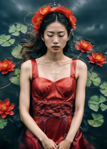 girl in flowers,fallen petals,japanese floral background,red petals,red flower,vietnamese woman,asian woman,with roses,red water lily,japanese woman,falling flowers,wilted,photo manipulation,red roses,way of the roses,mystical portrait of a girl,photoshop manipulation,beautiful girl with flowers,mulan,the sleeping rose,Photography,Fashion Photography,Fashion Photography 07