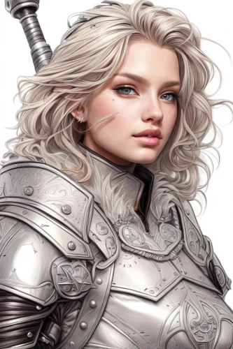 joan of arc,female warrior,silver,cuirass,breastplate,paladin,knight armor,knight,heroic fantasy,pewter,silvery,heavy armour,cullen skink,eufiliya,fantasy portrait,crusader,cosmetic brush,silversmith,armour,della,Common,Common,Natural