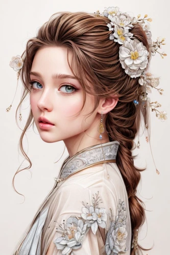 fashion illustration,fantasy portrait,flower fairy,mystical portrait of a girl,victorian lady,linden blossom,faery,fairy tale character,flower girl,flora,girl portrait,portrait background,romantic portrait,girl in flowers,white blossom,portrait of a girl,vanessa (butterfly),digital painting,fashion vector,fairy queen,Common,Common,Natural