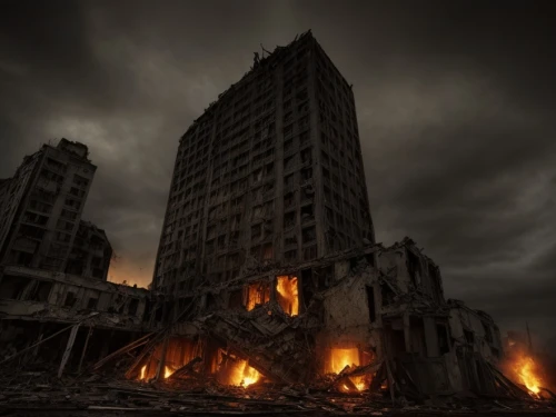 destroyed city,city in flames,apocalyptic,post-apocalyptic landscape,post-apocalypse,apocalypse,hashima,post apocalyptic,the conflagration,scorched earth,pripyat,environmental destruction,doomsday,stalingrad,conflagration,burning earth,gunkanjima,high-rises,desolation,black city,Game Scene Design,Game Scene Design,Horror Style