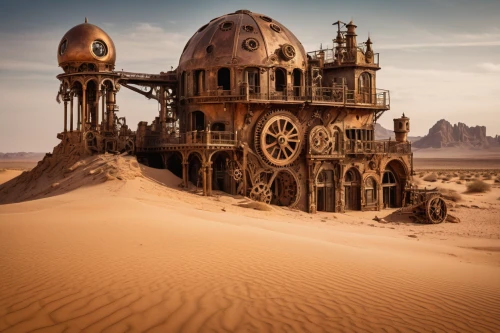 sand clock,sand timer,wasteland,burning man,post-apocalyptic landscape,sand castle,steampunk,desolation,ancient house,sandcastle,ruin,desolate,futuristic landscape,ancient city,capture desert,stone desert,abandoned place,steampunk gears,desert planet,the ruins of the,Illustration,Realistic Fantasy,Realistic Fantasy 13