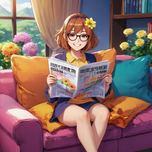reading the newspaper,relaxing reading,newspaper reading,reading glasses,reading,blonde sits and reads the newspaper,holding flowers,girl studying,with glasses,book glasses,bookworm,orange petals,blonde woman reading a newspaper,mikuru asahina,honoka,newscaster,glasses,read a book,marguerite,citrus,Illustration,Japanese style,Japanese Style 03