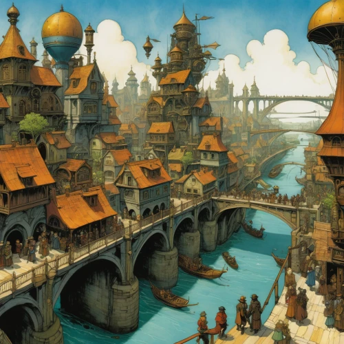 fantasy city,ancient city,heroic fantasy,fantasy art,medieval architecture,fantasy landscape,medieval town,fantasy world,escher village,city moat,constantinople,imperial shores,knight village,floating islands,airships,ancient buildings,fantasy picture,water castle,new castle,city cities,Illustration,Realistic Fantasy,Realistic Fantasy 04
