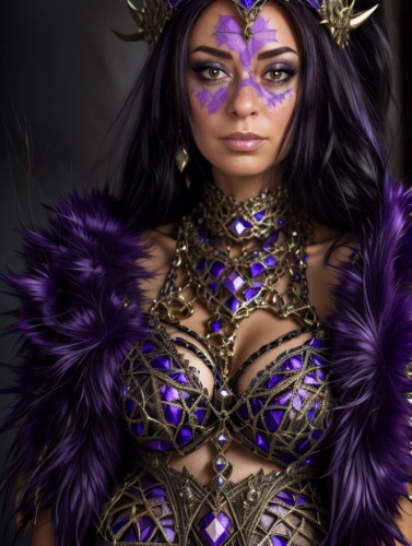 masquerade,asian costume,fantasy woman,warrior woman,voodoo woman,the enchantress,female warrior,brazil carnival,sorceress,catrina,purple,zodiac sign libra,gold and purple,fantasy warrior,venetian mask,cleopatra,purple and gold,mardi gras,purple skin,fantasy portrait