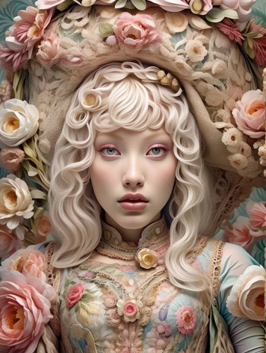 porcelain rose,fantasy portrait,girl in a wreath,baroque angel,porcelain dolls,artist doll,painter doll,vintage doll,doll's facial features,female doll,eglantine,flora,girl in flowers,rococo,porcelain doll,rose wreath,dahlia,mystical portrait of a girl,japanese doll,medusa