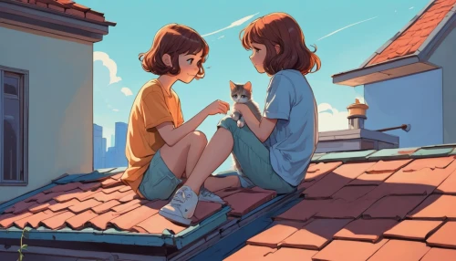 rooftops,roofs,rooftop,on the roof,roof landscape,roof top,study,chatting,house roofs,roof,summer evening,window sill,shared apartment,summer day,two girls,conversation,windowsill,kids illustration,housetop,neighbourhood,Illustration,Japanese style,Japanese Style 07