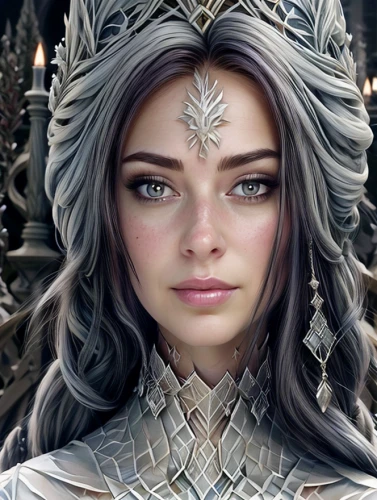 celtic queen,female warrior,violet head elf,silver,tiara,fantasy woman,fantasy portrait,gray crowned,crown render,ice queen,elven,warrior woman,artemisia,samara,the snow queen,joan of arc,queen crown,bran,white rose snow queen,elaeis