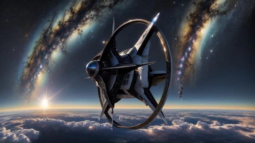 armillary sphere,saturnrings,interstellar bow wave,spacecraft,stargate,trek,voyager,star ship,starship,space tourism,orbiting,federation,uss voyager,victory ship,alien ship,space art,space glider,space travel,space capsule,space ship model,Common,Common,Natural