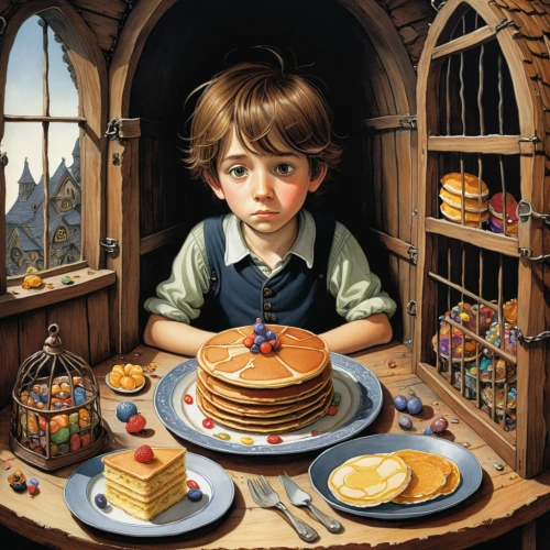 plate of pancakes,still life with jam and pancakes,petit gâteau,thirteen desserts,cake shop,confectioner,gluttony,appetite,child portrait,girl with bread-and-butter,gingerbread maker,johnnycake,pancakes,inner child,the gingerbread house,brood,cd cover,painting eggs,confection,gingerbread houses,Illustration,Children,Children 03