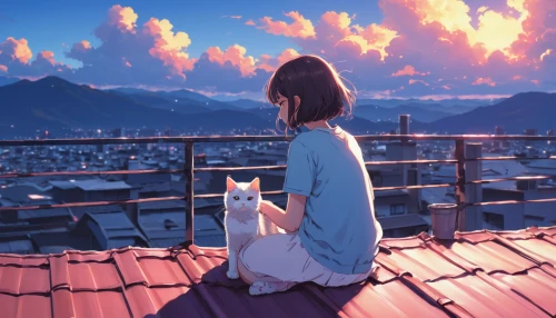 world digital painting,above the city,roof landscape,on the roof,rooftops,rooftop,digital painting,sky apartment,atmosphere,japanese sakura background,daydream,clouds - sky,daybreak,sky,evening atmosphere,summer sky,landscape background,sakura background,summer evening,dusk background,Illustration,Japanese style,Japanese Style 12